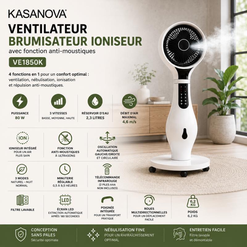 Kasanova - Ve1850k - Ventilateur Brumisateur - Ioniseur - Anti-moustiques