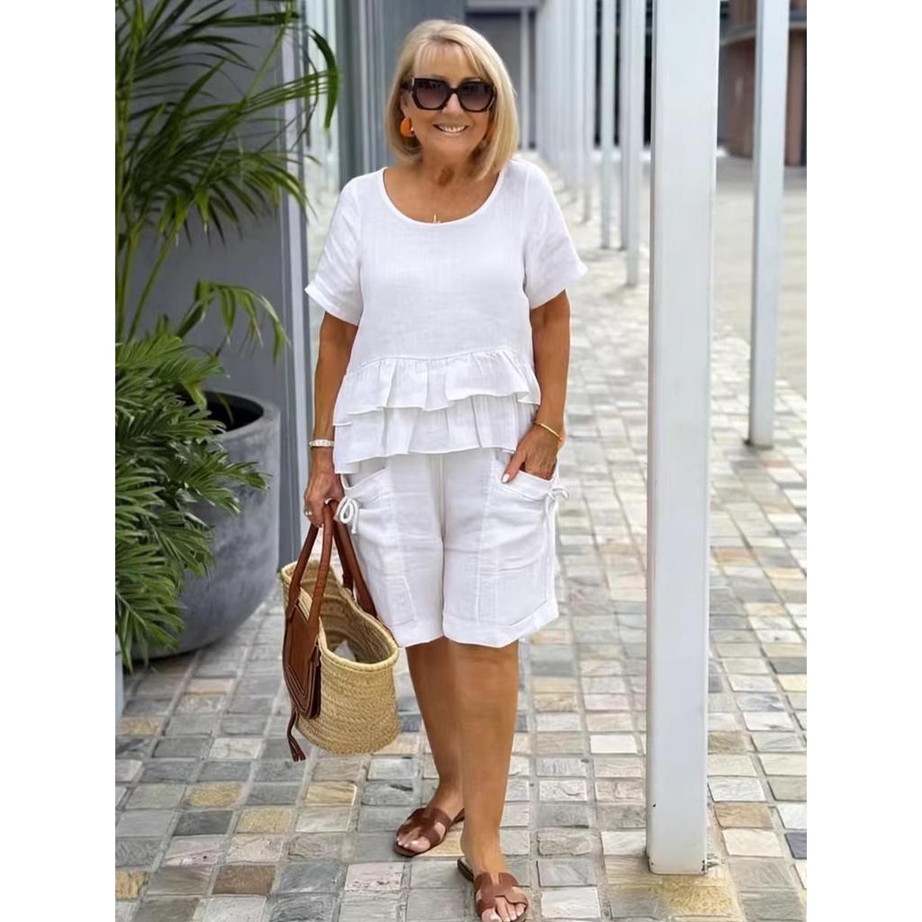 Spring/Summer 2026 Cotton Linen Two-Piece Set with Ruffled Short Sleeve Top and Pocketed Shorts