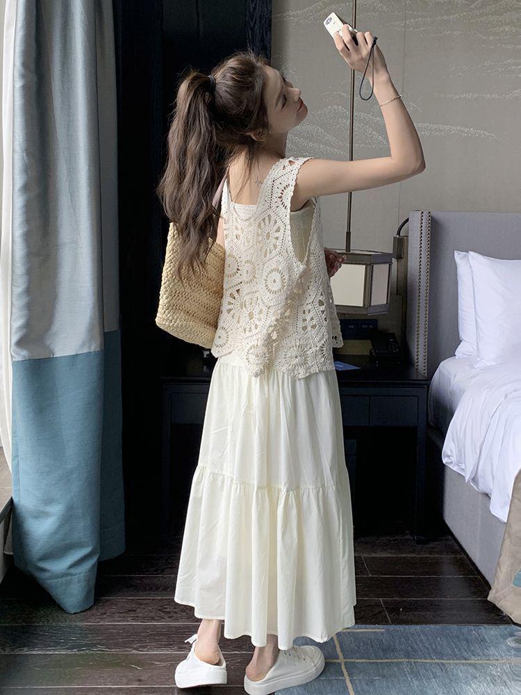 Trendy White Hollow Camisole Dress Set: Flattering Two-Piece Layered Vest & Dress