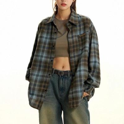 Chemise Unisexe Rétro à Carreaux Brossée - Printemps Décontracté Ample Manches Longues