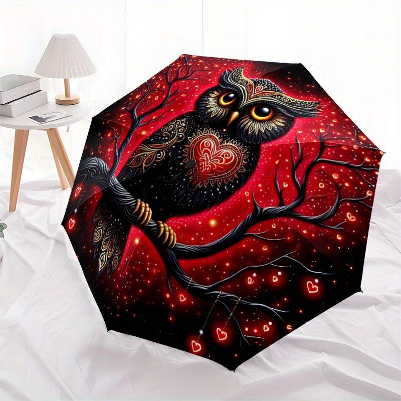1pc Owl Heart Automatic Open/close Umbrella, 8-Rib sturdy structure, Portable Travel Umbrella, Parties, Everyday Use, Outdoor Accessory, Art