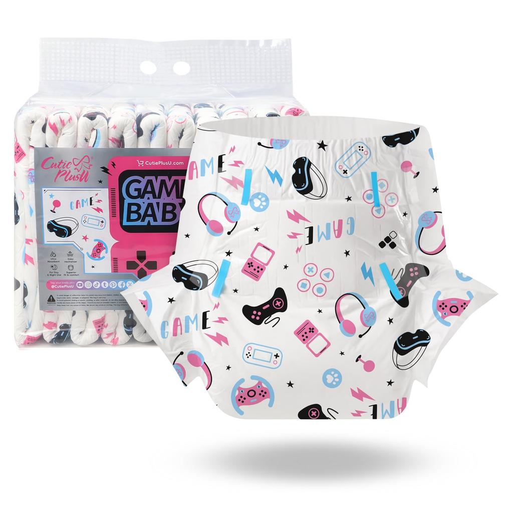 CutiePlusU Adult Diaper Set Unisex Incontinence Pants with Maximum Nighttime Absorbency Game Heaven (10-Count), Labels, - (Large, 95-120cm)