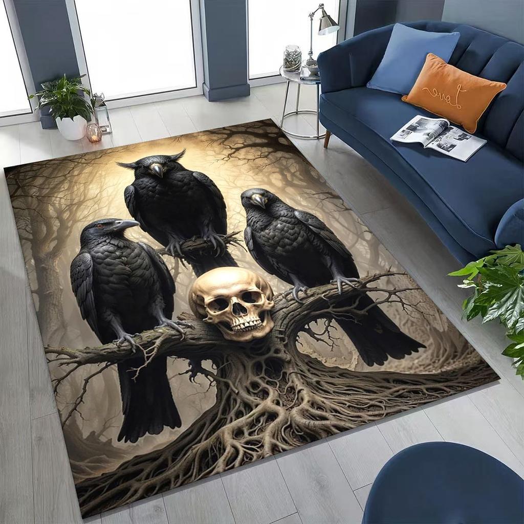 3D Norse Viking Oding Raven Crow Skull Huginn Muninn Rug for Bedroom Living Room Sofa Home Doormat Decor,kids Non-slip Floor Mat