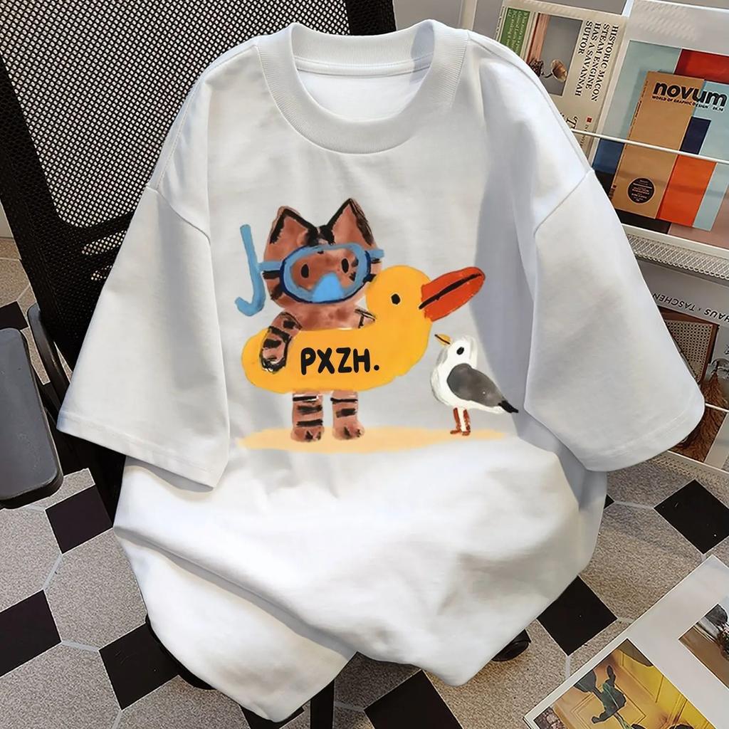 Summer Trendy Personalized Kitten Print Round Neck Short Sleeved Couple Retro Casual T-shirt Top Harajuku Graphic T Shirts Women