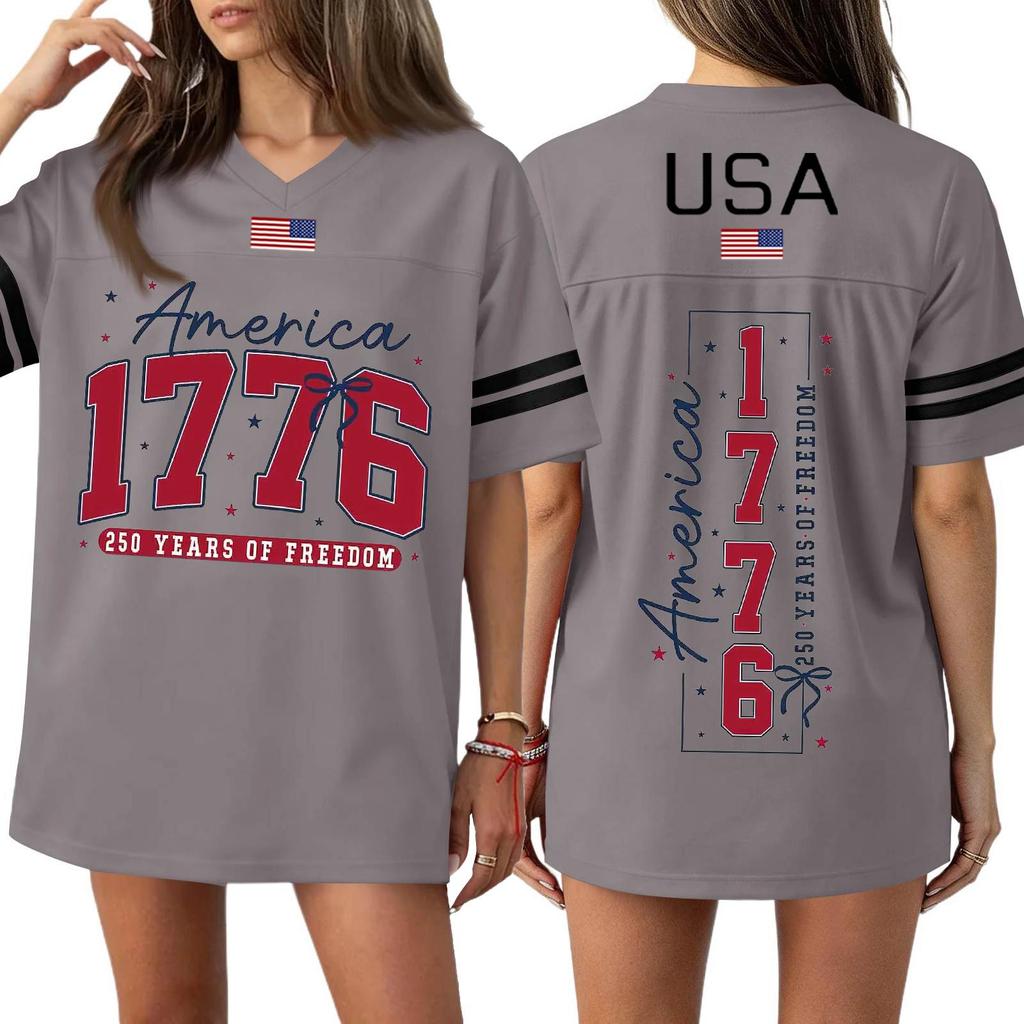 Women's Casual Fashion V-Neck Sports Independence Day Print Short Sleeve Sports T-Shirt Top