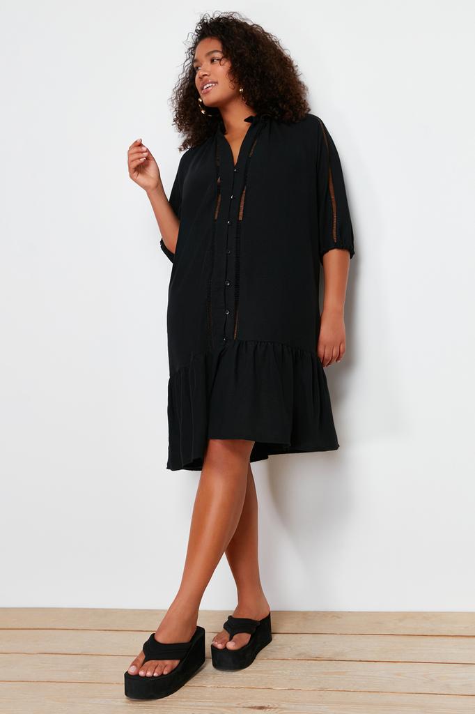 Women's Fashion New Plus Big Size Dress Black V-Neck Flounce Hem Beach Dress