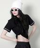 Deumakeu Stitch Contrast Semi-Crop Short Sleeve T-Shirt Black