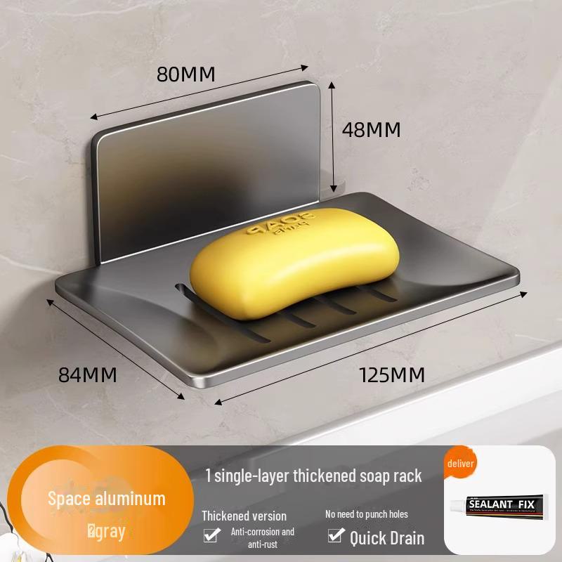 Punch-Free Wall-Mounted Soap Rack, Space-Saving Aluminum with Dual Drain Design