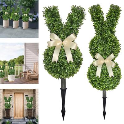 Easter Bunny Topiary Tree Garden Stake Rabbit Shaped Artificial Topiary with Bow Indoor Outdoor Porch Easter Holiday Party Decoration