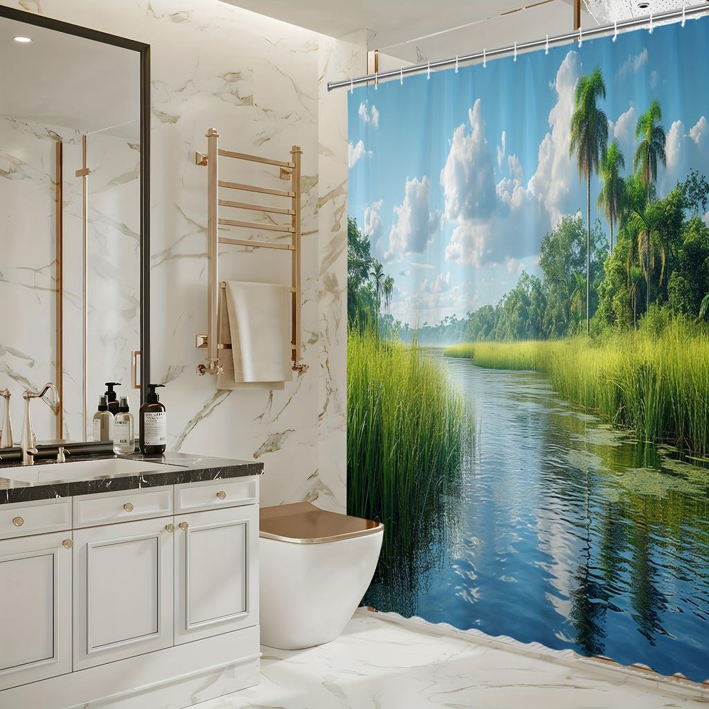 Serene Tropical River Bath Curtain - Palm Trees & Blue Sky, Waterproof Home Decor Adds Tranquility To Your Bathroom