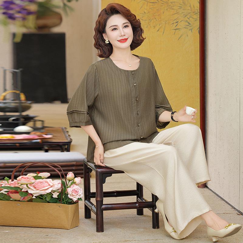 Women s 2026 Summer Batwing Sleeve Patchwork Shirt – Elegant Round Neck Faux Cotton Blend 4XL [135-150 lbs]