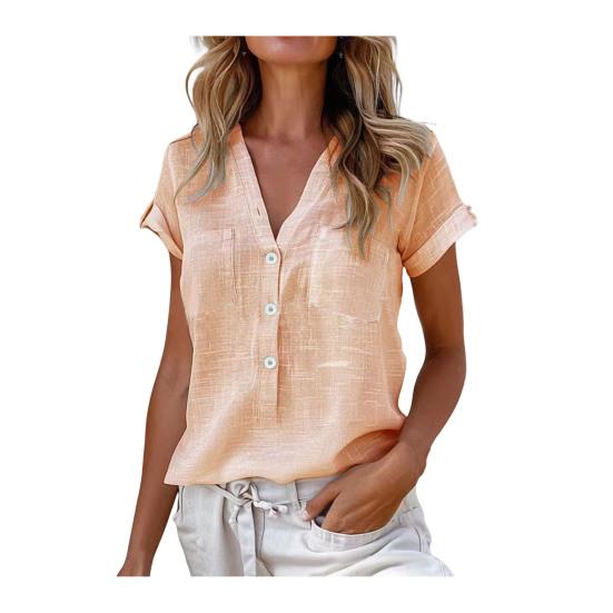 Women Shirt V-Neck Buttons Half Placket Short Sleeve Shirt Tops Solid Color Patch Pockets Loose Fit Summer Casual Shirt