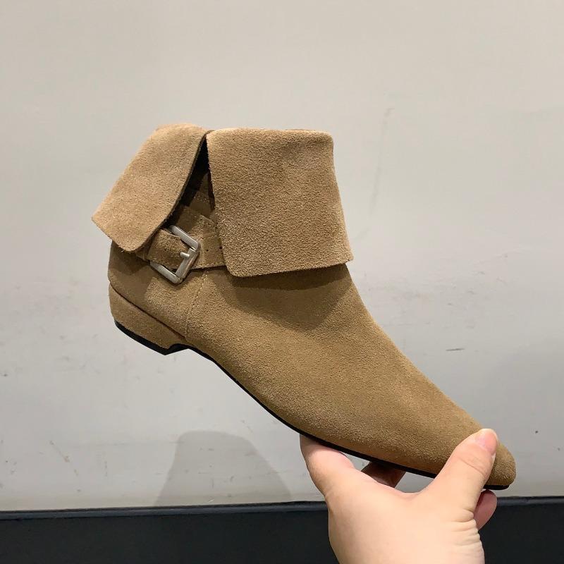 Genuine Leather Low Heel Ankle Boots Women Fashion Pointed Toe Buckle Design Western Cowboy Boot High Quality Nubuck Modern Boot