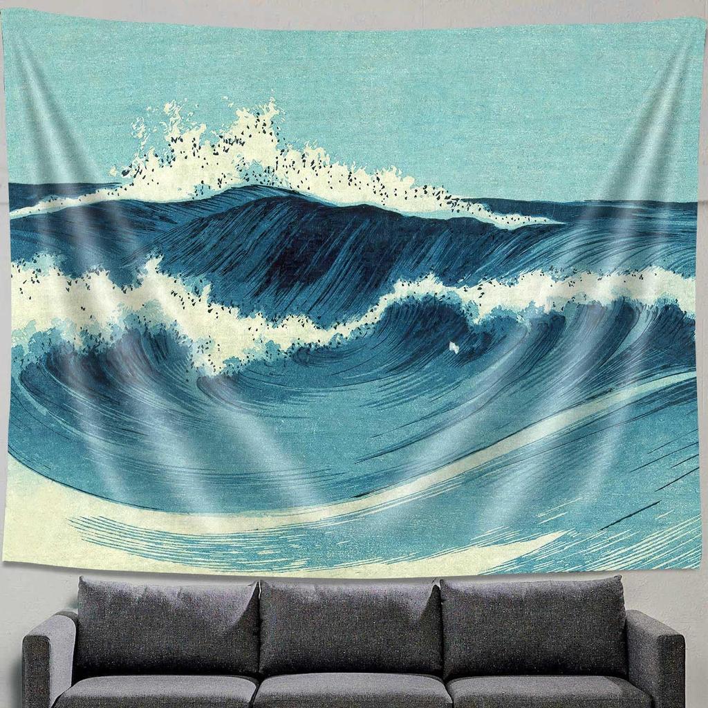 Ydbkt Retro Ocean Tapestry Wall Hanging, Blue Abstract Wave Wall Art, 40L" X 60W", Bedroom Decor