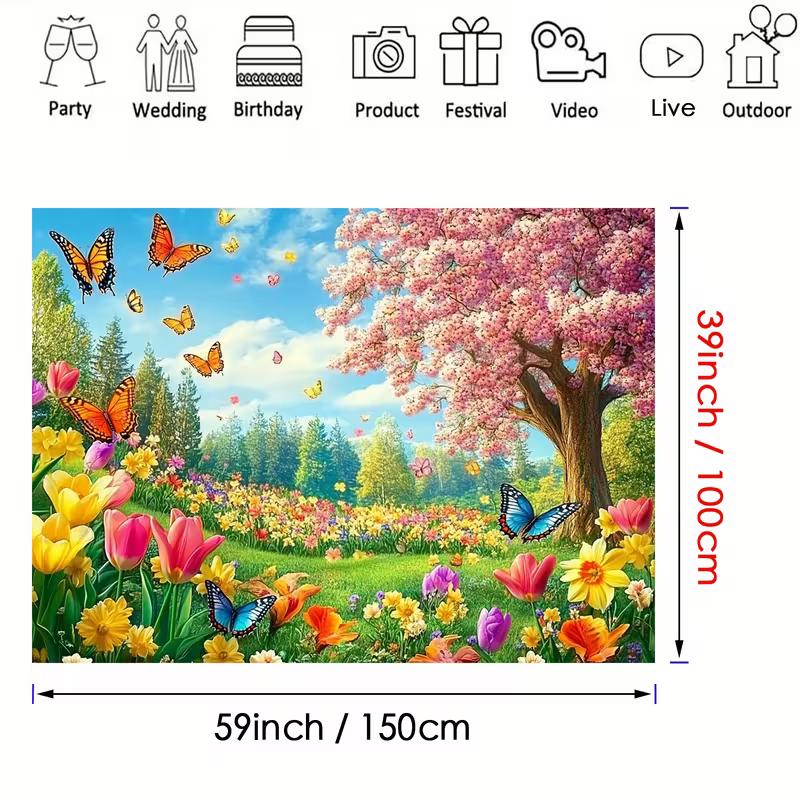 2D Spring Garden Backdrop, Tulips & Cherry Blossom Background for Nature & Spring Party