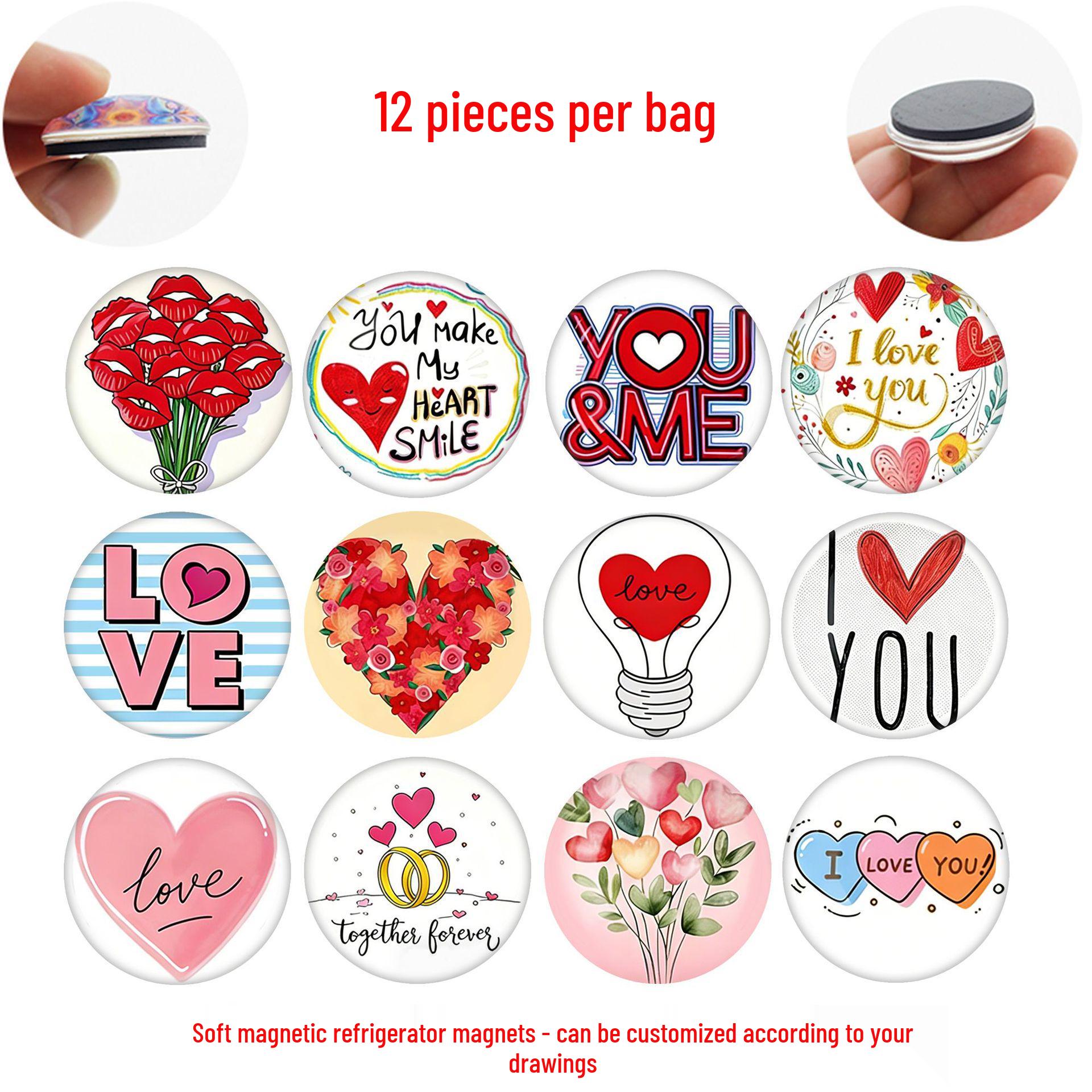 Hand-Painted Romantic Valentine s Glass Magnet - Love Phrase Home & Whiteboard Decoration Gift 25mm Refrigerator Magnet Set of 12
