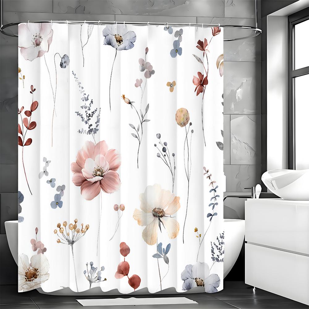Watercolor Flower Shower Curtain, Bathroom Decorative Shower Curtain, Waterproof Shower Curtain with Hooks