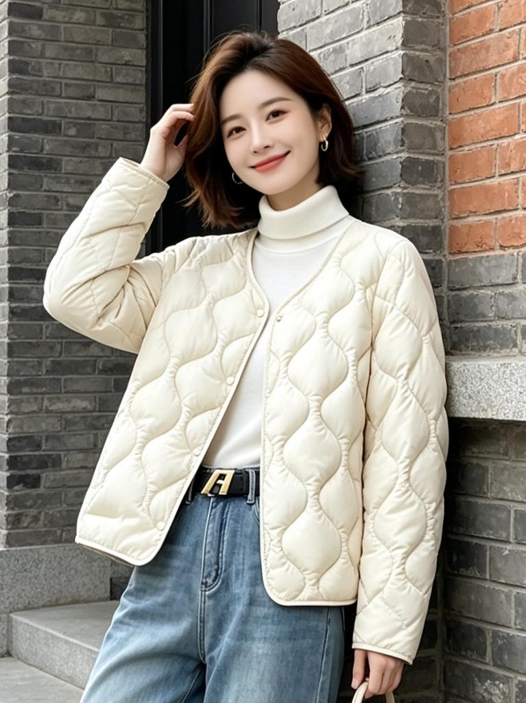 Light and thin cotton-padded clothes women's short casual cotton-padded jackets autumn and winter new V-neck warm jackets small versatile