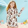 Girls High Neck Long Sleeve Front Zip Cartoon Printed Boyshort One Piece Swimsuit