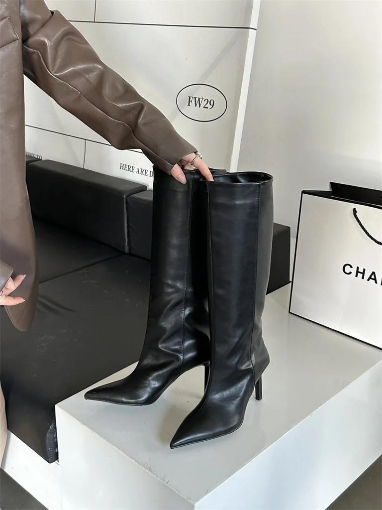 Pointed Toe Slim Fit Long Booties Women's Autumn Winter High Heel Suede Straight Leg Boot over Knee Boots Rubber Sole