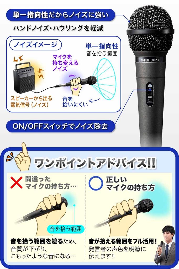 Sanwa Direct Dynamic Microphone, Unidirectional, with Switch, 4.5m Cable, 1 Unit, 400-SP045