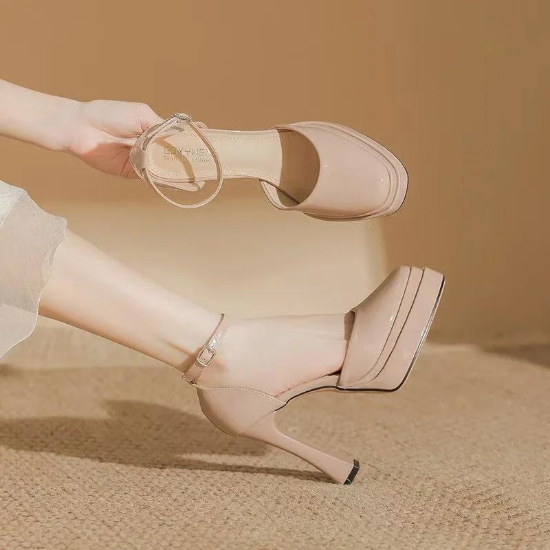 Fashion Women's Super High Heels Pointed Tip Thick Heel Ankle Strap Platform Heels Side Cutout Sexy Wedding Banquet Sandalias De Mujer