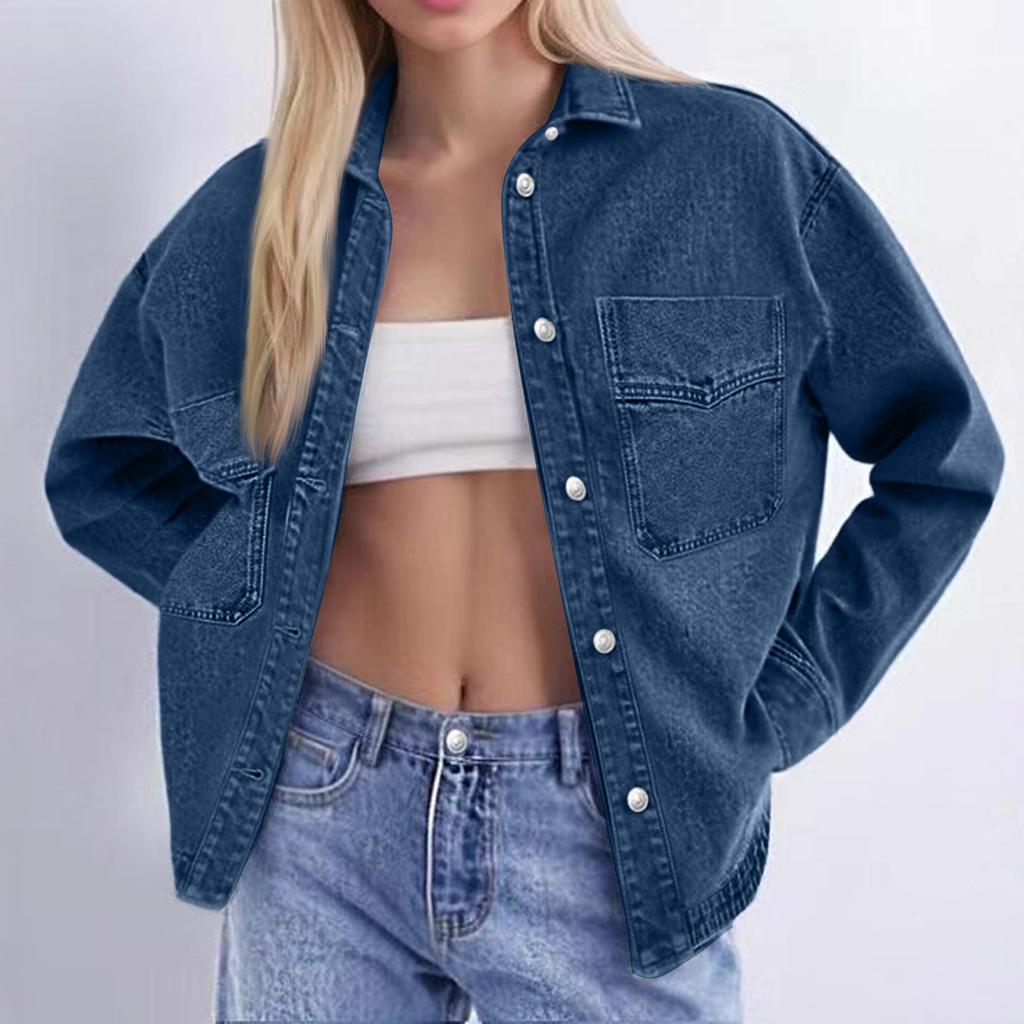 Women's Washed Vintage Loose Fit Casual Denim Shirt Jacket Button Down Long Sleeve Pocket Detail Lightweight Outerwear