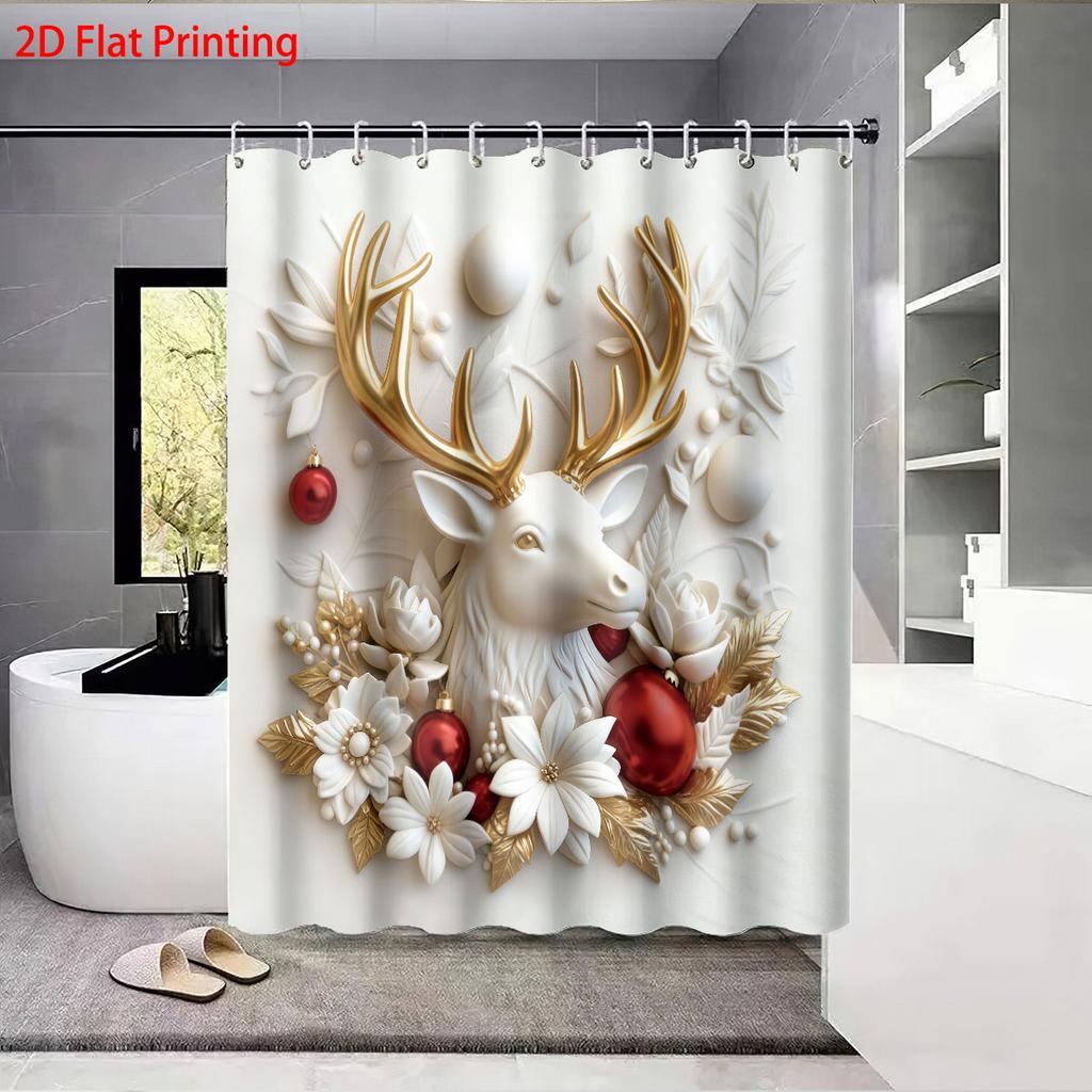 1Pc Imitation Relief Christmas Reindeer Print Waterproof Shower Hanging Curtain With Multiple Sizes 12 Hook Easy Installation