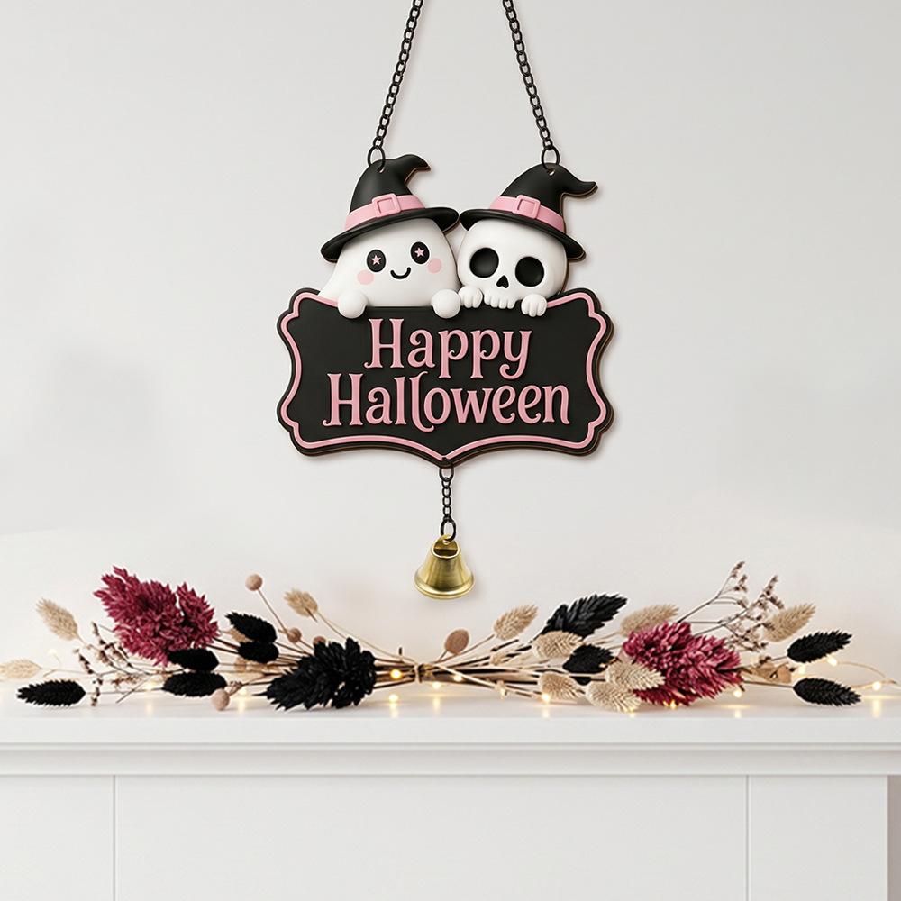 Cartoon Ghost Skull Halloween Door Decoration Sign with Bells Attached To The Door Hanging Chain