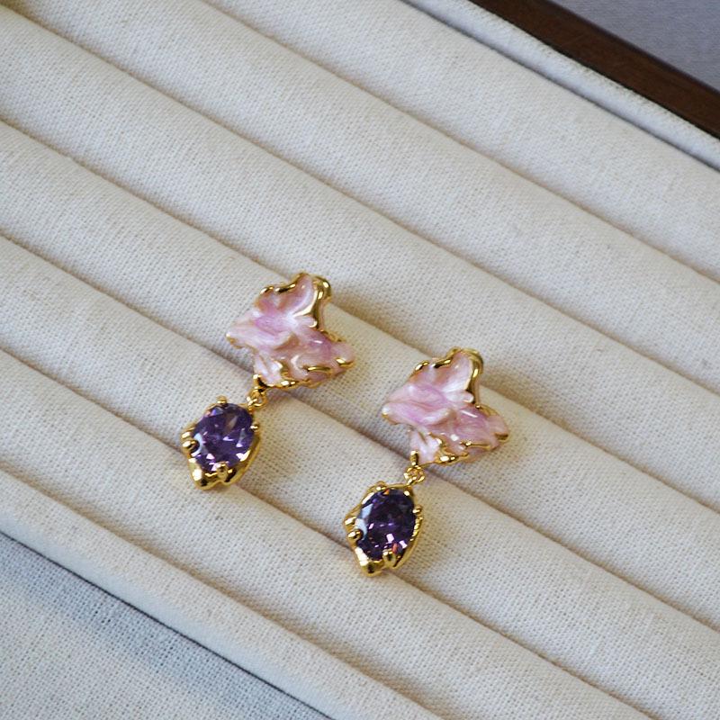 Pink Enamel Flower Earrings with Purple Zircon & 925 Silver