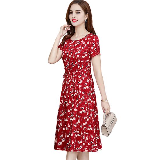 Women's Floral Print Summer Dress Boho Short Sleeve Crew Neck Midi Dress