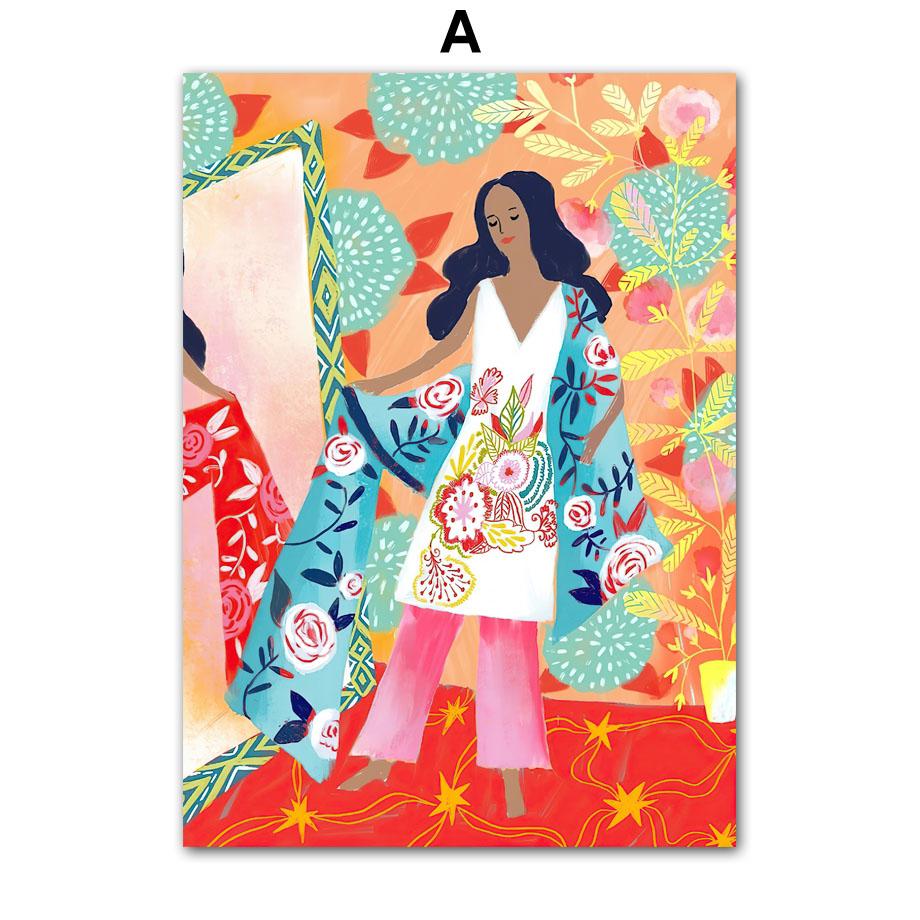 Boho Colorful Girl Vase Flowers Illustration Wall Art Canvas Painting Abstract Posters and Prints Pictures For Living Room Decor