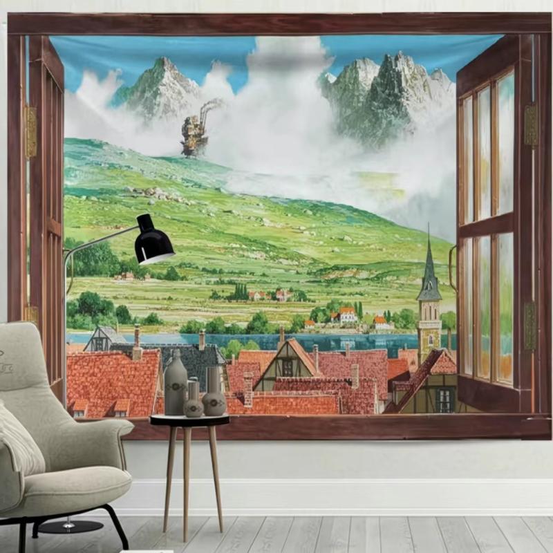 Anime Window View Scene Wall Tapestry Polyester Wall Hanging for Bedroom Living Room Dorm Office Aesthetic Home Decor
