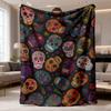 2026 New Flannel Blanket for The Day of The Dead, Featuring a Single Piece with Colorful Skulls, Flowers, And Butterfly Patterns On a Black Backdrop, 