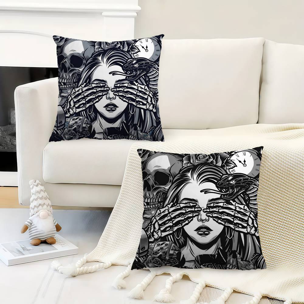 Artistic Skeleton Girl Maple Design Cushion Cover Happy Autumn Harvest Decor Holiday Decorati Pillow Cover