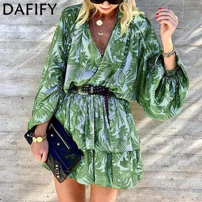 Moda donna primavera autunno manica lunga scollo a V vita alta abiti casual