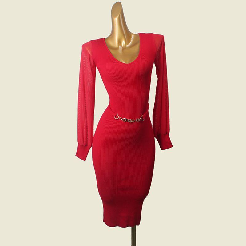 

French Style See-through Lantern Sleeve V Neck Bodycon Dress Metal Waist Seal Chain Silm Knitting Dress Export American Single Red S