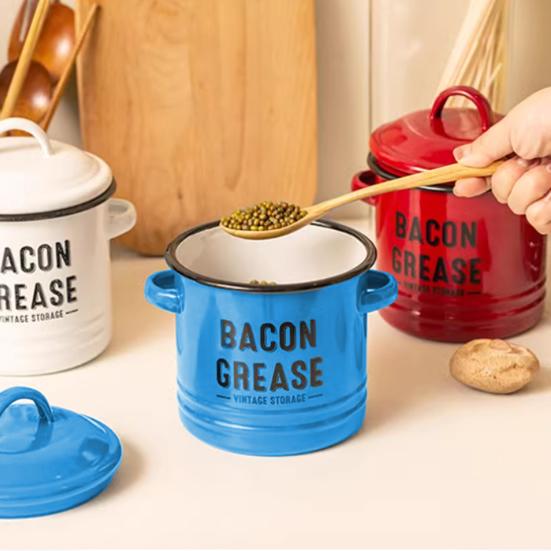 Vintage Enamel Bacon Grease Container with Lid Rustic Farmhouse Grease Container with 2 Handles Kitchen Oil Storage Jar for Storing Lard Spices Soup