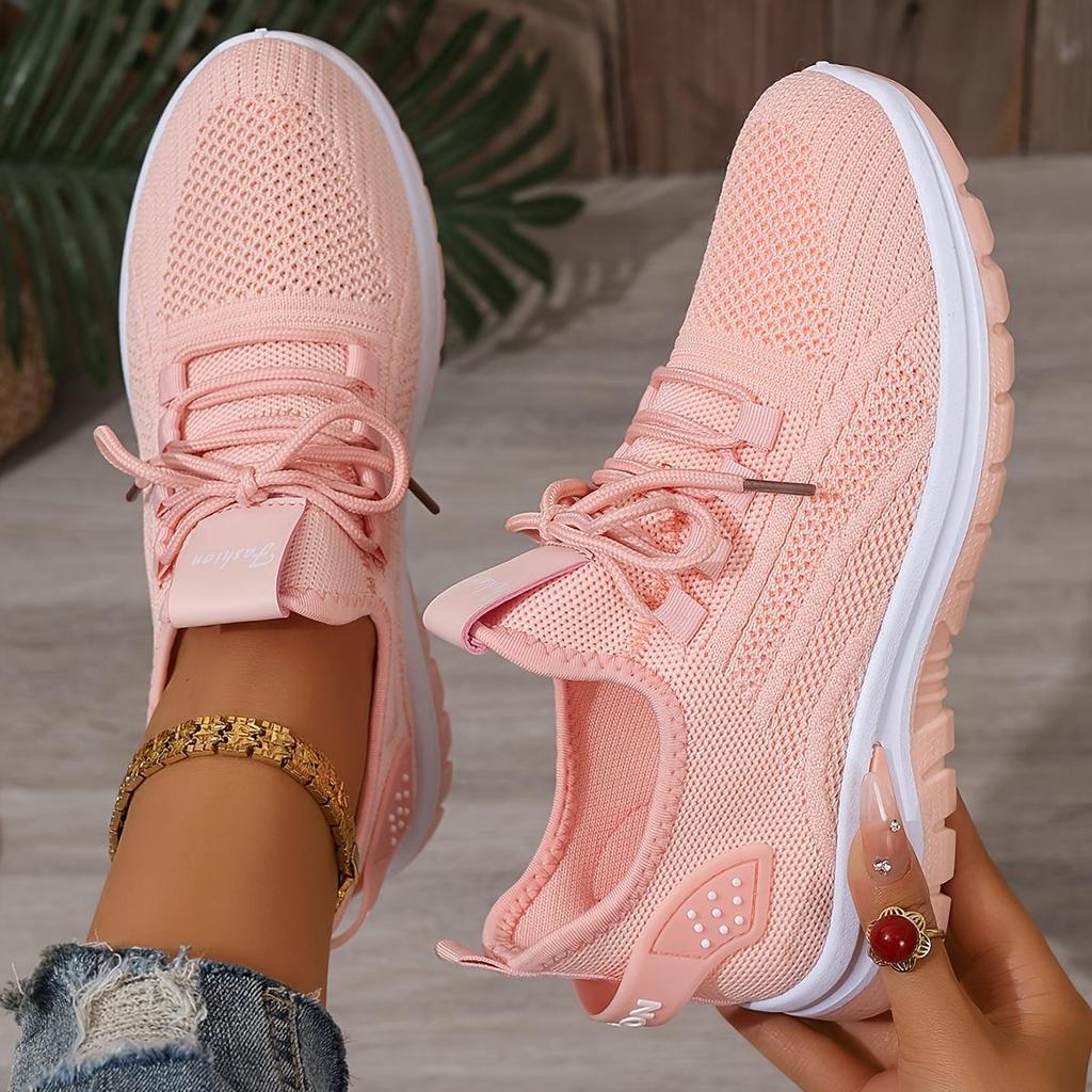 Women's Breathable Knit Casual Sneakers - Lightweight Cushioned EVA Sole, Anti-Slip Traction, All-Season Comfort, White Low-Top Lace-Up Shoes