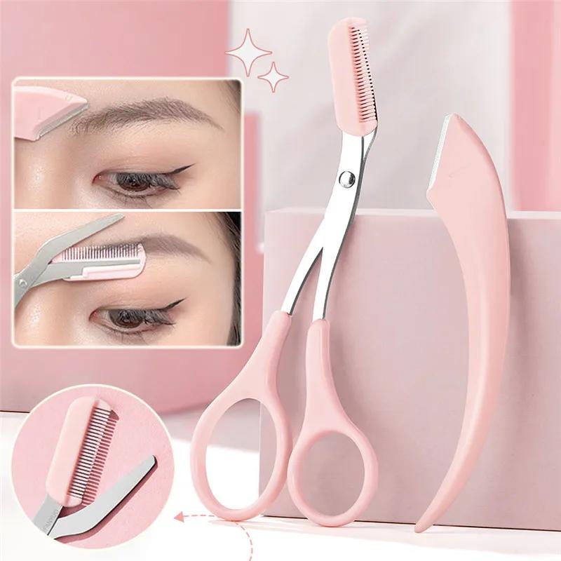 1/2Pcs Stainless Steel Crescent Moon Eyebrow Trimmer Set With Comb Portable Women Eyebrow Eyelash Hair Scissors Makeup Tool