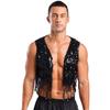 Mens Shiny Sequin Cowboy Vest Tops Open Front Sleeveless Tassels Cardigan