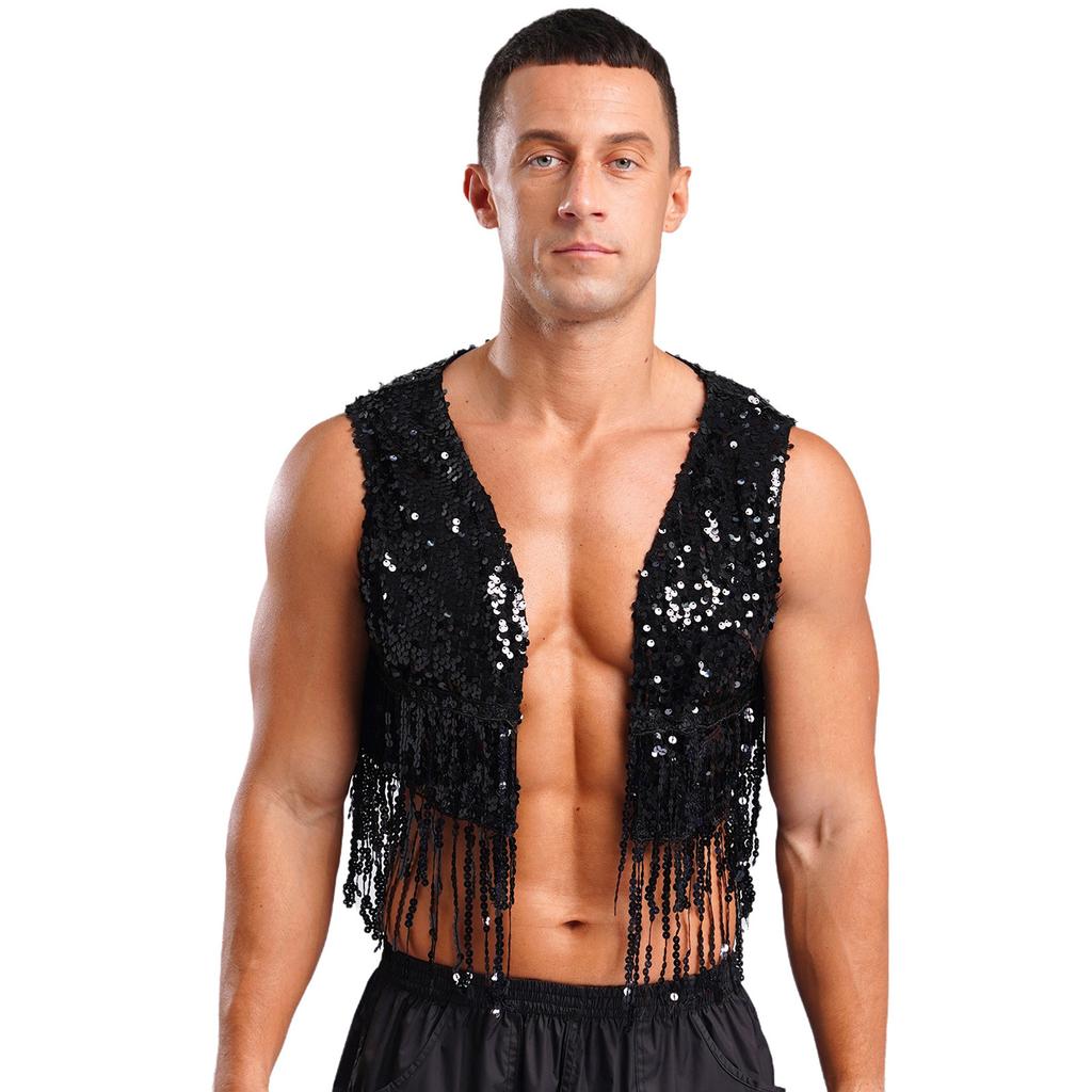 Mens Shiny Sequin Cowboy Vest Tops Open Front Sleeveless Tassels Cardigan
