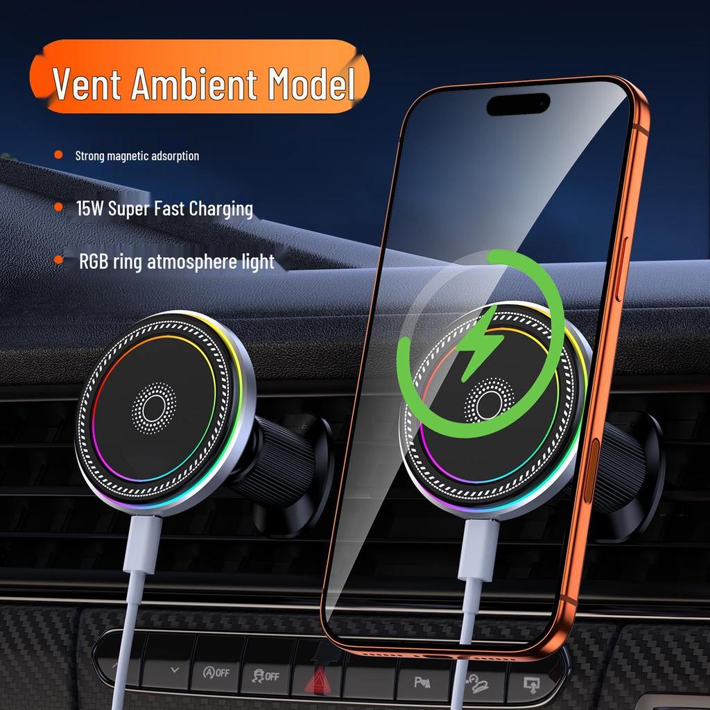 Adjustable LED Magnetic Wireless Car Charger for iPhone 15 Holder