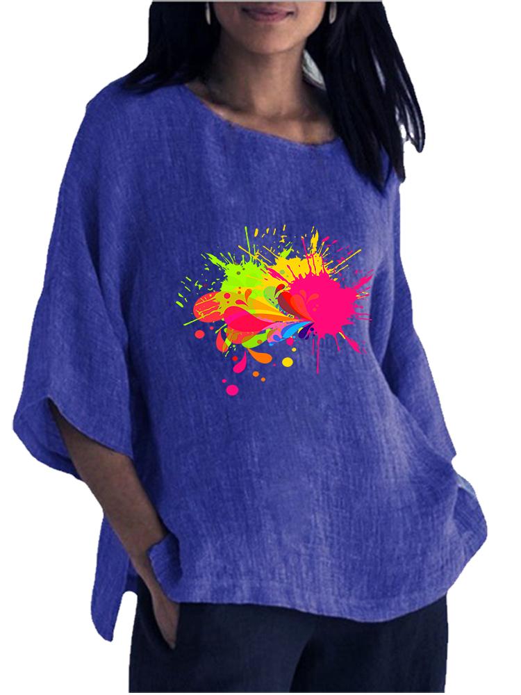 Women Fashion O Neck 3/4 Long Sleeved Shirt Spring&summer Print Cotton Linen Blouse