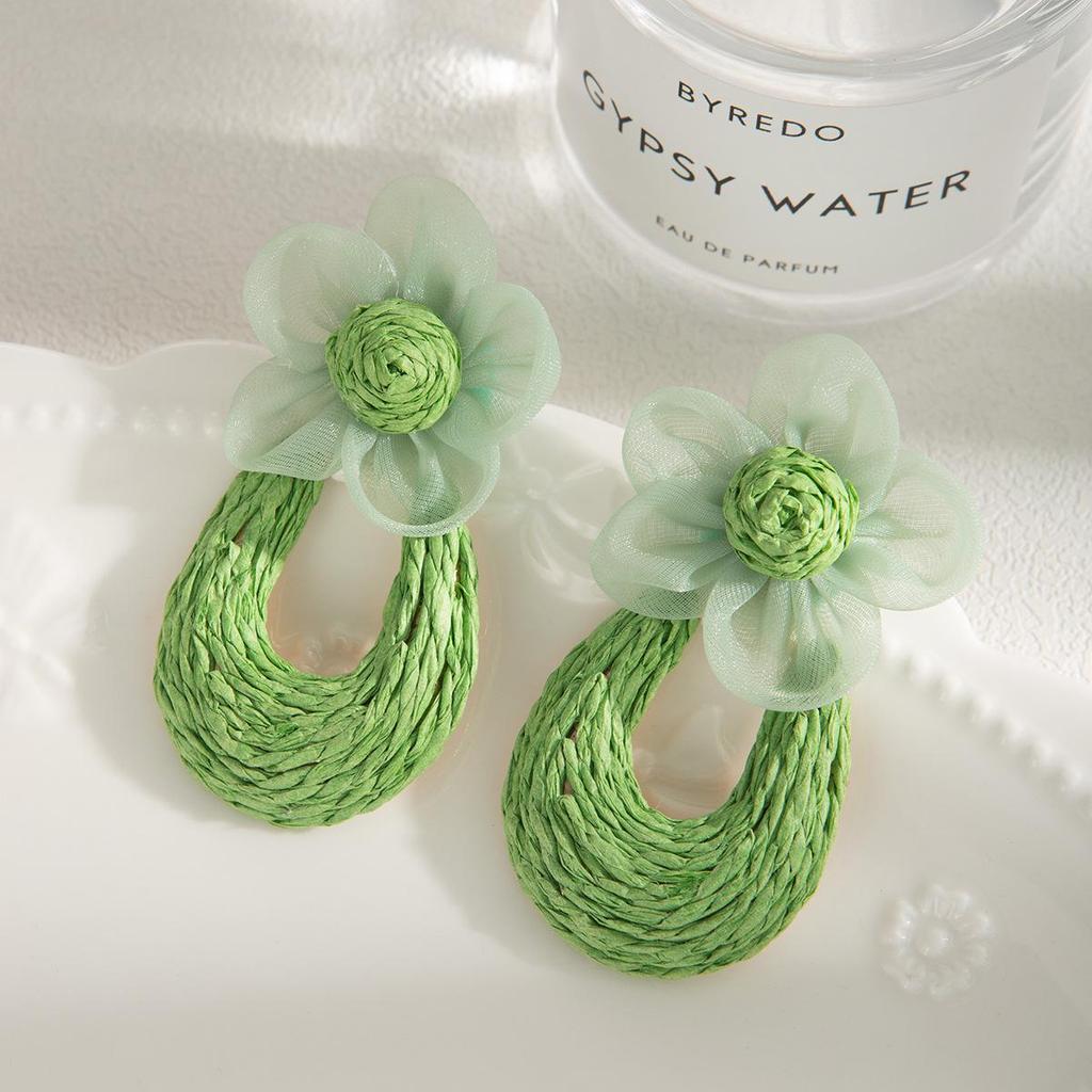 Korean Pastoral Raffia Straw Flower Earrings – Spring Resort Style