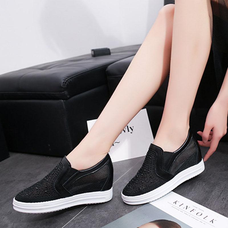 Fashion Comemore White Shoes Spring and Summer Wedge High Heels Women's Vulcanize Shoes Mesh Breathable Round Head Rhinestone Loafers