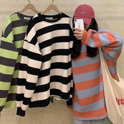 Kadın Retro Çizgili Yuvarlak Yaka Sweatshirt - Sonbahar ve Kış için Günlük, Bol, İnce Trend