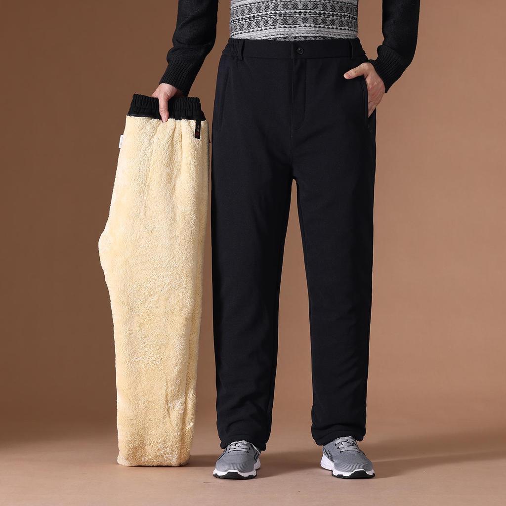 Men's Winter Warm Three-Layer Elastic Cotton Trousers with Velvet Lining for Middle-Aged and Elderly