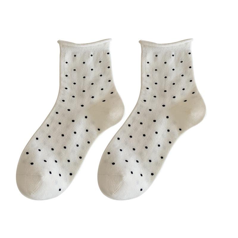 4 Pairs of Mid-calf Polka Dot Rolled Summer Cotton Socks, Sweat-absorbing, Odor-proof, Versatile and Simple Student Thigh-high Socks