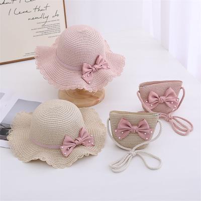 3-8 Years Little Girl Beach Straw Hat And Bag 2pcs Set Summer Travel Princess Bowknot Children's Sun Cap